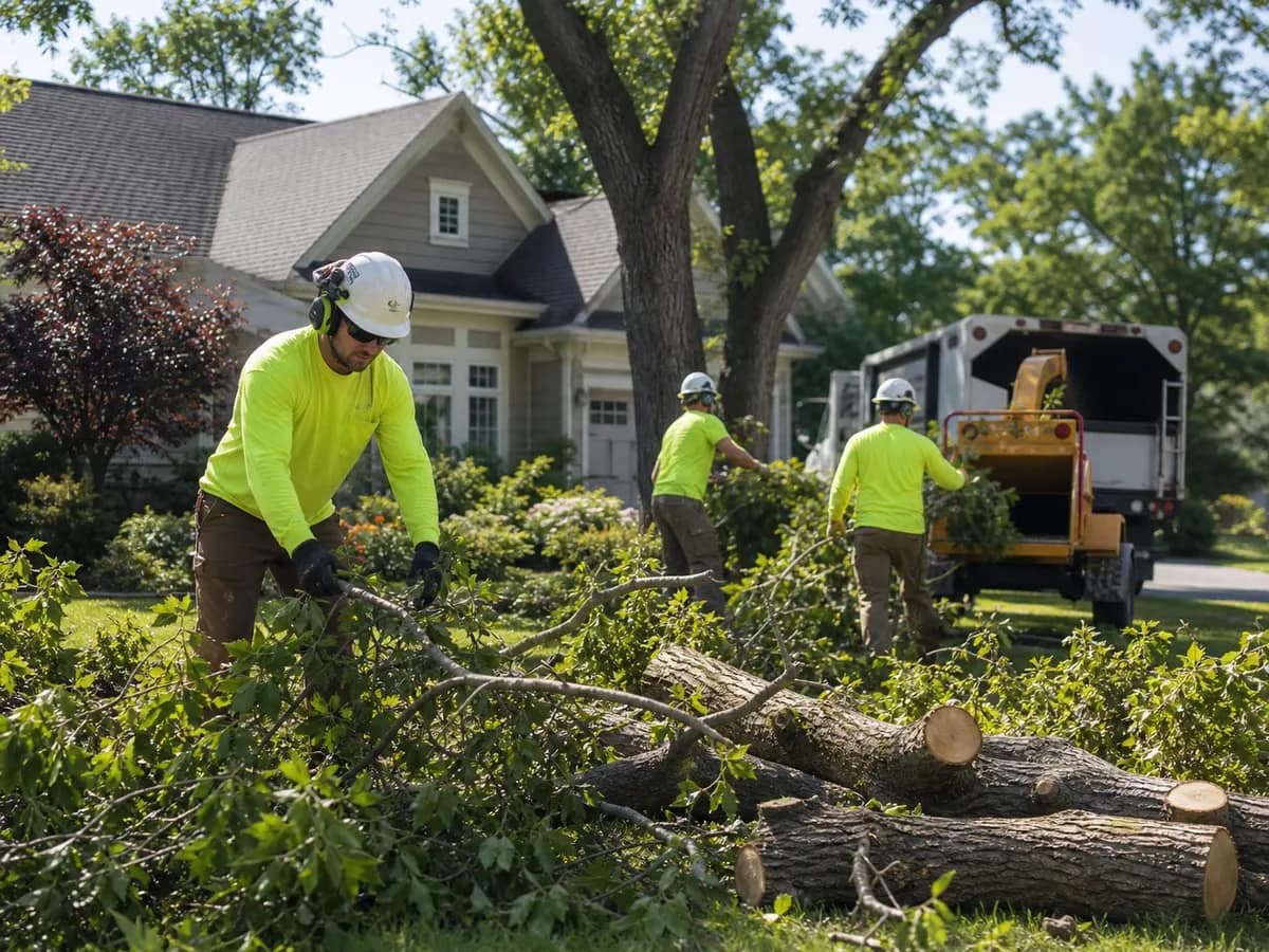 Tree service crew cleaning up cut branches and logs in a Billings residential yard